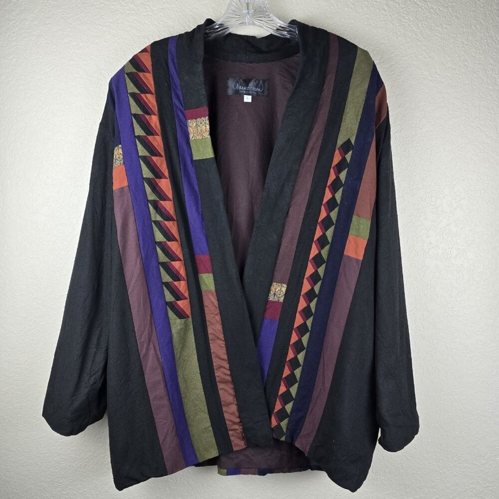 Vintage Anna Brown L Cardigan Jacket Art-to-Wear Open Striped‎ Patchwork Boho